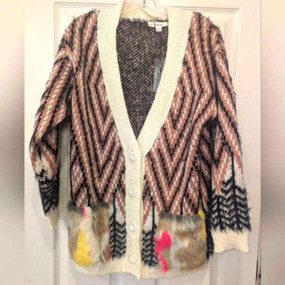 NWT Cardigan Sweater Button Closure Knit Multi Color Fur Warm Heavy M/L Zig Dad - Picture 5 of 12